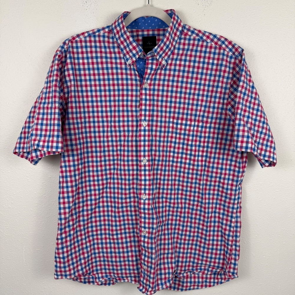 Tailorbyrd Mens Gingham Button‎ Down Shirt Pink White Blue Short Sleeve Large